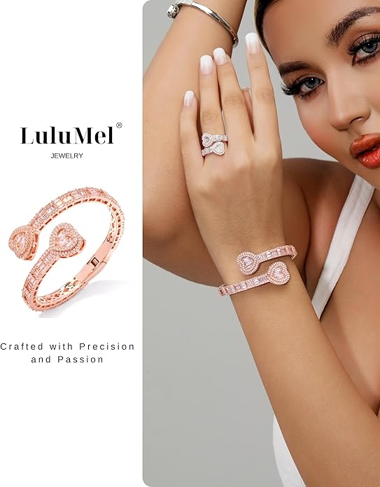 Lulu Mel Iced Out Baguette Diamond Bracelet Jewelry for Women, Hip Hop Mens 14k Gold Silver Plated Cubic Zirconia Bangle Bracelet, Men Heart Cuff Bracelet With Jewelry Box