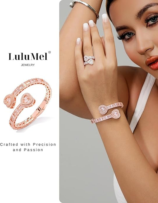 Lulu Mel Iced Out Baguette Diamond Bracelet Jewelry for Women, Hip Hop Mens 14k Gold Silver Plated Cubic Zirconia Bangle Bracelet, Men Heart Cuff Bracelet With Jewelry Box