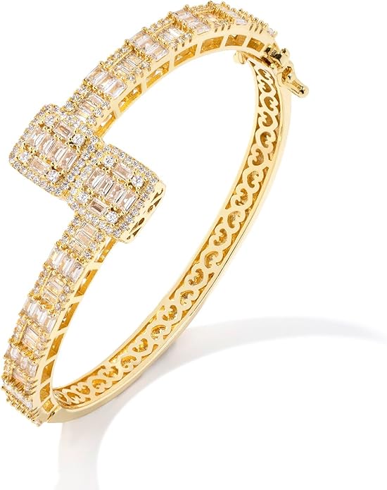 Lulu Mel Iced Out Baguette Diamond Bracelet Jewelry for Women, Hip Hop Mens 14k Gold Silver Plated Cubic Zirconia Bangle Bracelet, Men Heart Cuff Bracelet With Jewelry Box