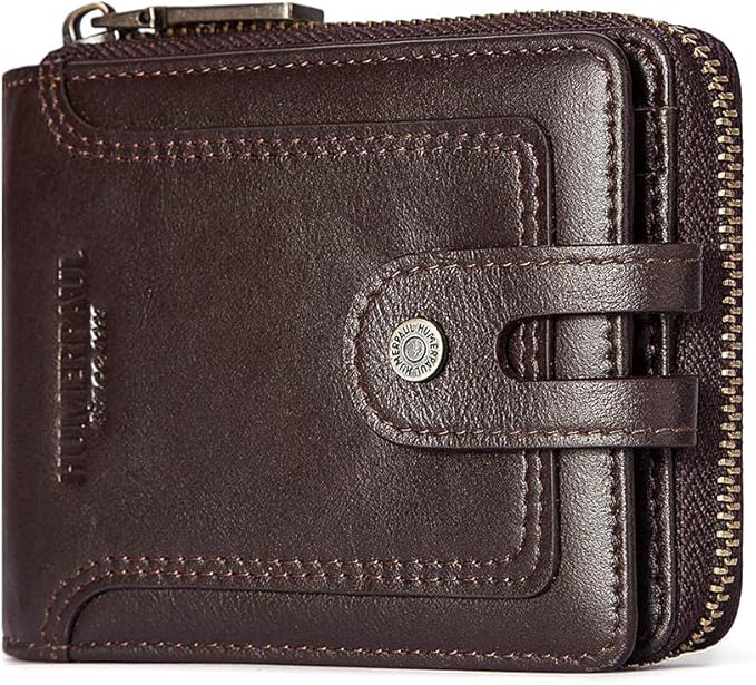 gzcz Zipper Wallet For Men Genuine Leather RFID Blocking Bifold Wallet for ID Window, Zip Coin Pocket and Credit Card Holders Large Capacity (Coffee)