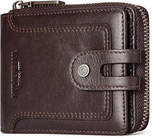 gzcz Zipper Wallet For Men Genuine Leather RFID Blocking Bifold Wallet for ID Window, Zip Coin Pocket and Credit Card Holders Large Capacity (Coffee)