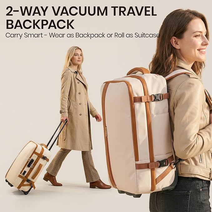 Fanwoli Rolling Vacuum Backpack Travel with One-Button Compression, Expandable Carry-On Suitcase Luggage, Approved TSA Lock & Water-Proof Laptop Compartment for Outdoor/Family/Business Trips
