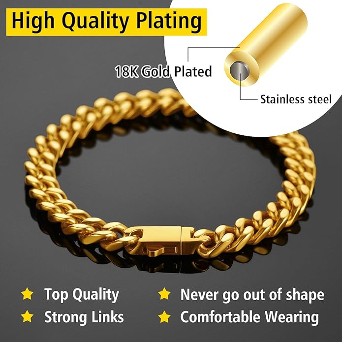 Stainless Steel Bracelets for Men,Cuban Link Mens Bracelet Silver/Black/Gold Plated Classic Chain Wrist Bracelets Jewelry Gifts for Dad Husband 5/7/9/12MM Width,7.5"/8.3"/9" Length with Gift Box