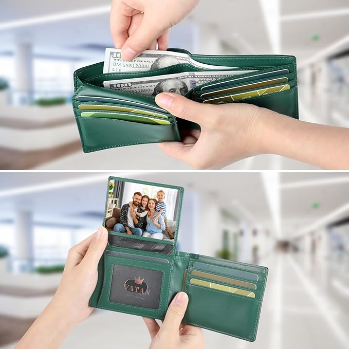 VATAN Wallet for Men, Mens Minimalist Wallet Credit Card Holder, Slim Leather Rfid 2 ID Window Large Capacity With Gift Box (Carbon black and Green)
