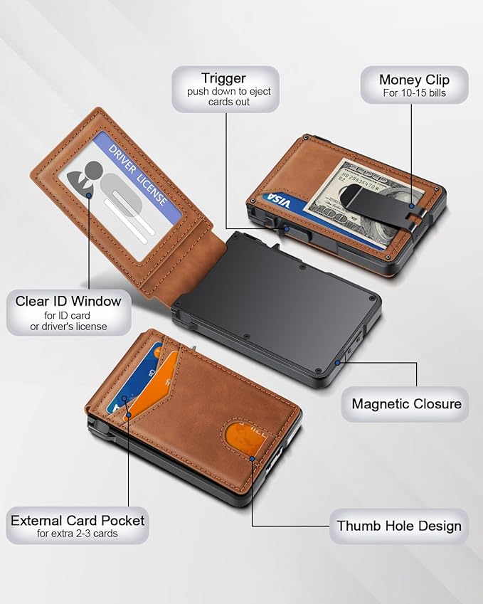 Wallet for Men, Mens Minimalist Wallet 9-13 Cards, Slim Compact Wallet with Money Clip & ID Window, RFID Blocking Smart Pop Up Card Wallet, Metal Aluminum Credit Card Holder Bifold Wallet