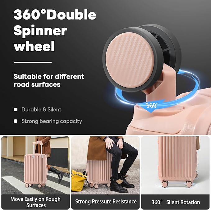 (14+20+24)Inch Carry on Luggage Carry-on with Cup Holder & USB Port, Luggage with Airline Approved TSA Lock, Softside Lightweight carry on luggage 22x14x9 airline approved 360° Double Spinner 8 Wheels