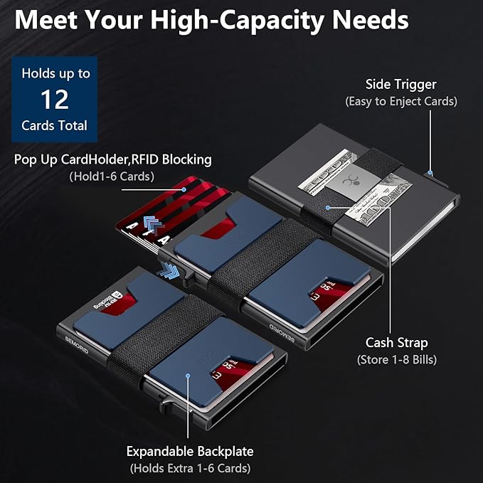 Slim Aluminum Card Holder Wallet for Men, Durable Expandable Backplate, RFID Blocking Minimalist Metal Pop Up Wallet, Holds 12+ Cards Plus Cash