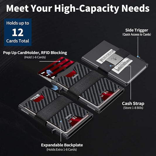 Slim Wallet for Men, Minimalist RFID Blocking Mens Wallet with Pop Up Case, Thin Metal Credit Card Holder with Cash Strap & Expandable Backplate - Holds 12 Cards