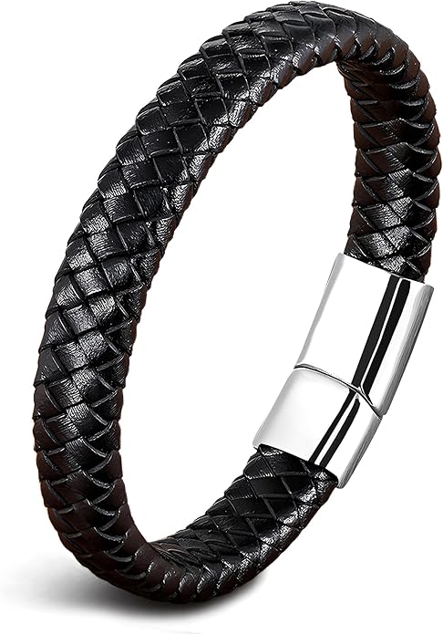 Leather Bracelet for Men, Braided Mens Cuff Bracelets with Stainless Steel Clasp Stacked Multi Style Color Anniversary Father's Day Birthday Christmas Jewelry Gifts for Him