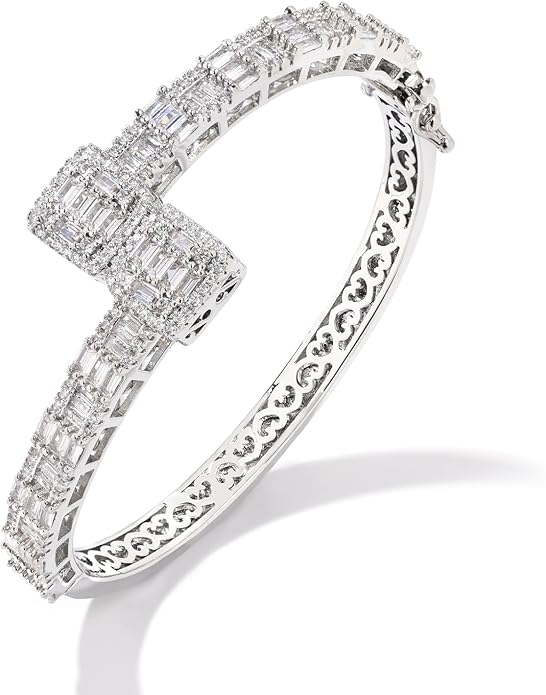 Lulu Mel Iced Out Baguette Diamond Bracelet Jewelry for Women, Hip Hop Mens 14k Gold Silver Plated Cubic Zirconia Bangle Bracelet, Men Heart Cuff Bracelet With Jewelry Box