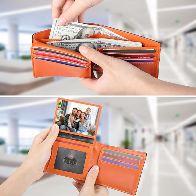 VATAN Wallet for Men, Mens Minimalist Wallet Credit Card Holder, Slim Leather Rfid 2 ID Window Large Capacity With Gift Box (Carbon Black and Orange)