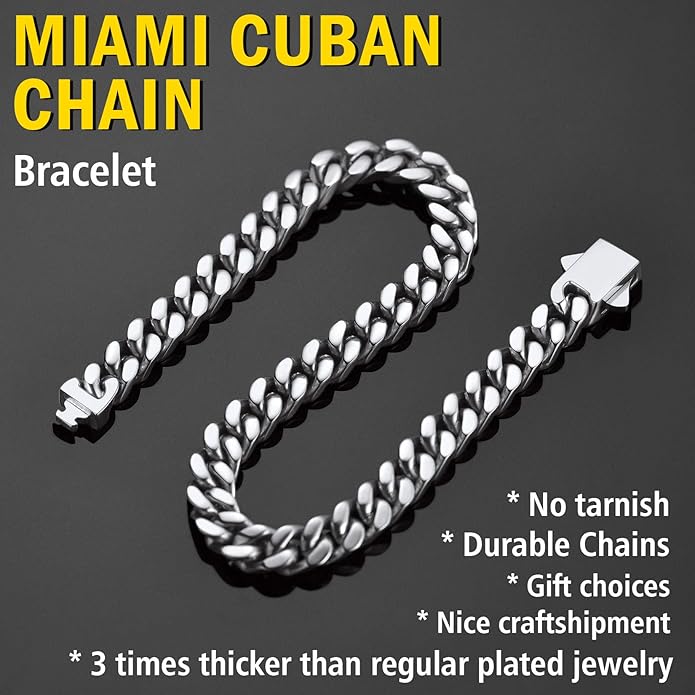 Stainless Steel Bracelets for Men,Cuban Link Mens Bracelet Silver/Black/Gold Plated Classic Chain Wrist Bracelets Jewelry Gifts for Dad Husband 5/7/9/12MM Width,7.5"/8.3"/9" Length with Gift Box
