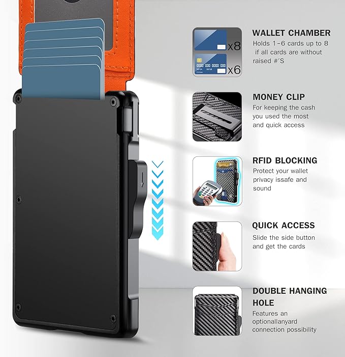 umoven Wallet for Men - with Money Clip Slim Leather Slots Credit Card Holder RFID Blocking Bifold Minimalist Wallet (Carbon Black and Orange)