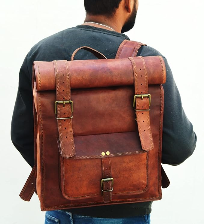 Men's 17 inch Leather Vintage Roll On Laptop Backpack Rucksack knapsack college bag