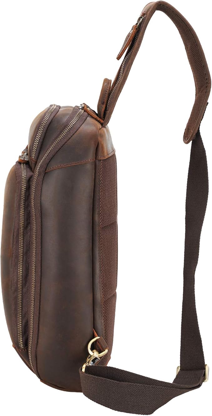 Polare Modern Style Sling Shoulder Bag Men’s Travel/Hiking Daypack with Full Grain Italian Leather and YKK Zippers