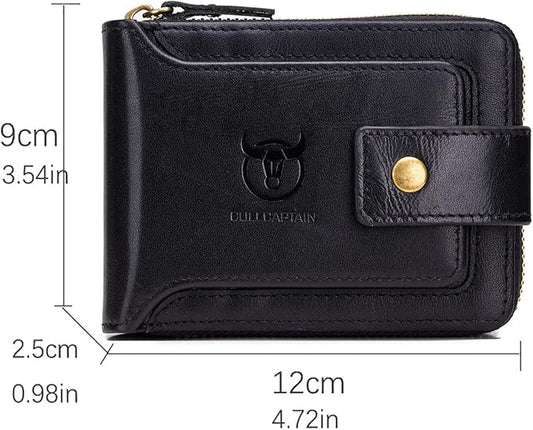 LUKZIJAES Genuine Leather Wallet for Men RFID Blocking Large Capacity Card Case with Zipper ID Window Coin Pocket (#2-Black)