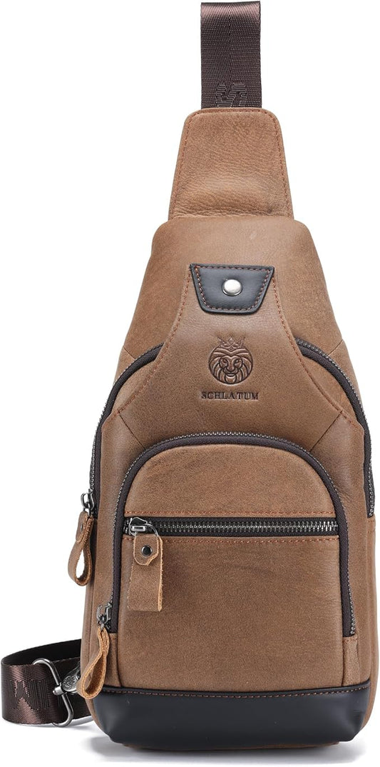 LUKZIJAES Genuine Leather Sling Bag for Men and Women Crossbody Shoulder Chest Pack Hiking Carry on Casual Daypack Outdoor Travel Backpack (#1-Brown)
