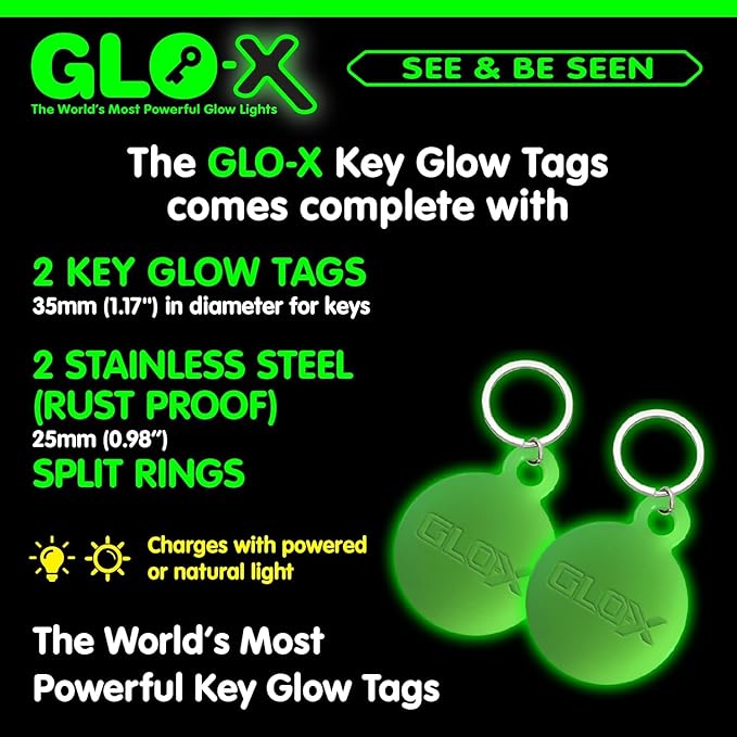 GLO-X Glow in The Dark Keychain - Find Your Light Up Key Chain In The Dark -12+ Hours Glow Time – Solar Powered Tags with Ring