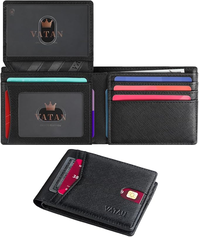 VATAN Wallet for Men, Mens Minimalist Wallet Credit Card Holder, Slim Leather Rfid 2 ID Window Large Capacity With Gift Box (Cross Grain Black)
