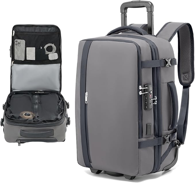 Fanwoli Rolling Vacuum Backpack Travel with One-Button Compression, Expandable Carry-On Suitcase Luggage, Approved TSA Lock & Water-Proof Laptop Compartment for Outdoor/Family/Business Trips