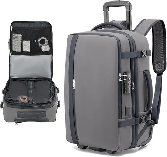 Fanwoli Rolling Vacuum Backpack Travel with One-Button Compression, Expandable Carry-On Suitcase Luggage, Approved TSA Lock & Water-Proof Laptop Compartment for Outdoor/Family/Business Trips