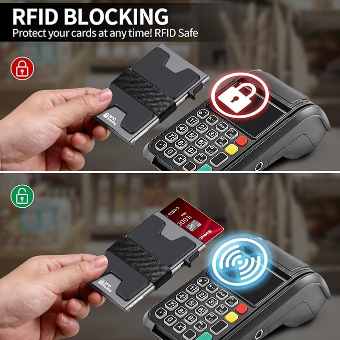 Slim Aluminum Card Holder Wallet for Men, Durable Expandable Backplate, RFID Blocking Minimalist Metal Pop Up Wallet, Holds 12 Cards Plus Cash (Grey)