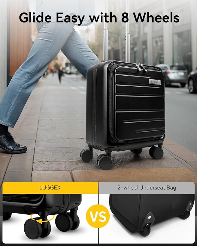 LUGGEX Underseat Carry On Luggage with Wheels, Small Suitcase with Top Open (Black, 14 Inch, 18L)