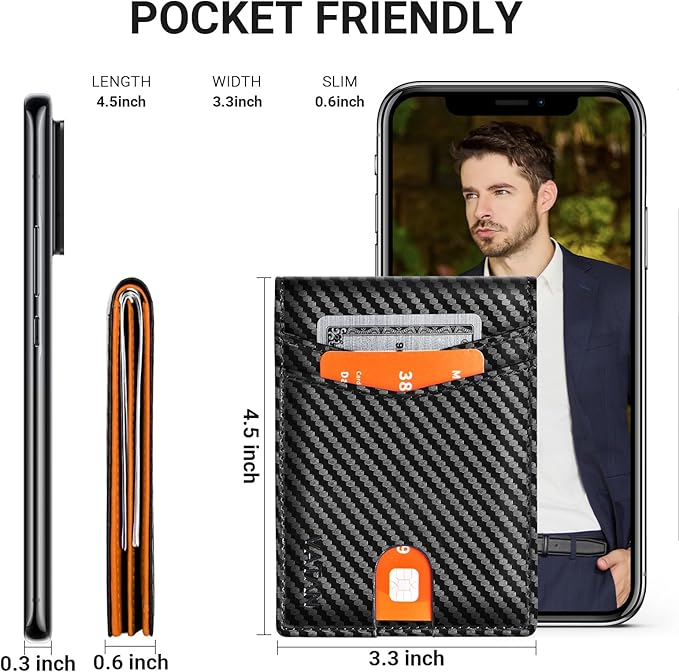 VATAN Wallet for Men, Mens Minimalist Wallet Credit Card Holder, Slim Leather Rfid 2 ID Window Large Capacity With Gift Box (Carbon Black and Orange)