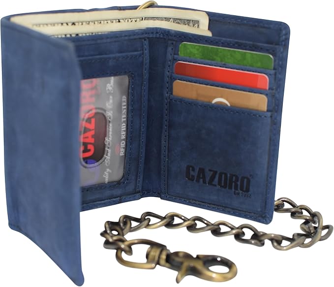 Men's RFID Blocking Trifold Vintage Leather Biker Chain Wallet With Snap Closure