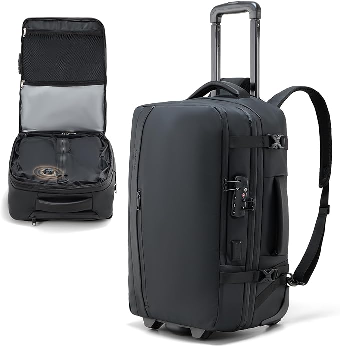 Fanwoli Rolling Vacuum Backpack Travel with One-Button Compression, Expandable Carry-On Suitcase Luggage, Approved TSA Lock & Water-Proof Laptop Compartment for Outdoor/Family/Business Trips