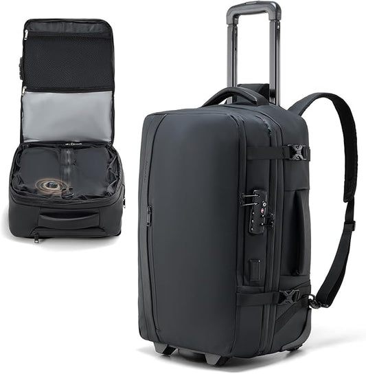 Fanwoli Rolling Vacuum Backpack Travel with One-Button Compression, Expandable Carry-On Suitcase Luggage, Approved TSA Lock & Water-Proof Laptop Compartment for Outdoor/Family/Business Trips