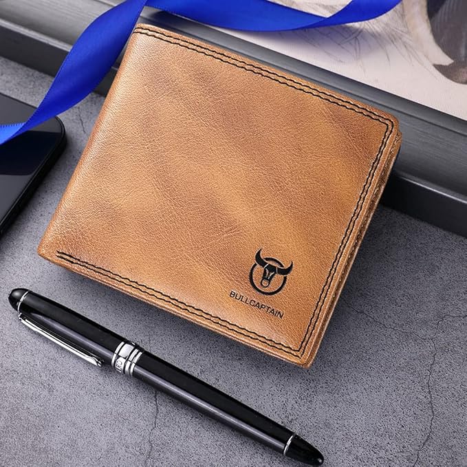 LUKZIJAES Genuine Leather Wallet for Men RFID Blocking Slim Bifold Front Pocket Wallets with 2 ID Window (#3-Yellow Brown)