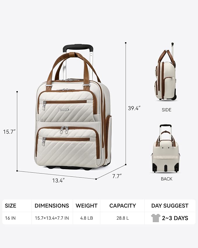 LUGGEX Underseat Carry On Luggage with Wheels, Stylish Lightweight Under Seat Luggage, Soft Sided Personal Item Suitcase for Short Trip (Cream White, 16 Inch)