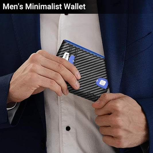 VATAN Wallet for Men, Mens Minimalist Wallet Credit Card Holder, Slim Leather Rfid 2 ID Window Large Capacity With Gift Box (Carbon Black and Blue)
