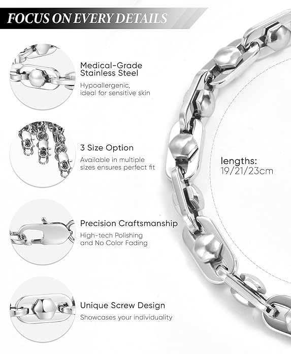 VNOX Link Chain Bracelets for Men - Cool Mens Bracelets Diamond-Cut Paperclip Solid Chain Bracelet Chunky Stainless Steel Jewelry Trendy Gifts