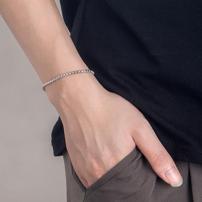 H&Beautimer Solid 925 Sterling Silver - Classic Men's 3MM Box Chain Bracelet - Original Silver Party Jewelry Bracelet 6.3-6.7-7-7.5-8-8.5-9'' - Handmade in Italy