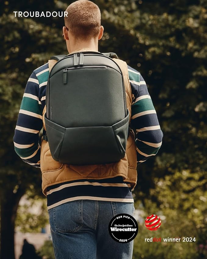 Troubadour Apex Compact Backpack 3.0 - Ultimate Work & Travel Laptop Backpack - 15" Padded Laptop Pocket - Waterproof, Lightweight, Spacious - Innovative Pockets - Made From Recycled Materials - Green