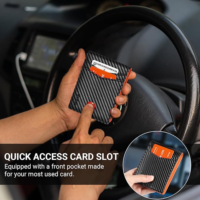 VATAN Wallet for Men, Mens Minimalist Wallet Credit Card Holder, Slim Leather Rfid 2 ID Window Large Capacity With Gift Box (Carbon Black and Orange)
