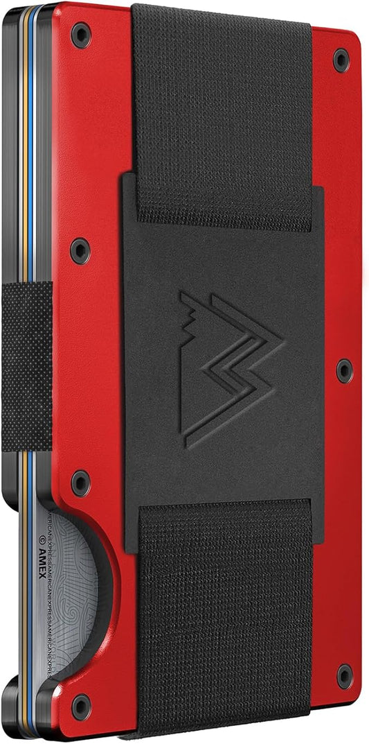 Mountain Voyage Co Minimalist Cash Strap - Slim RFID Blocking Wallet for Men & Women - Scratch Resistant, Credit Card Holder, Easily Removable Money & Cards, Aluminium Wallet (Matte Red)
