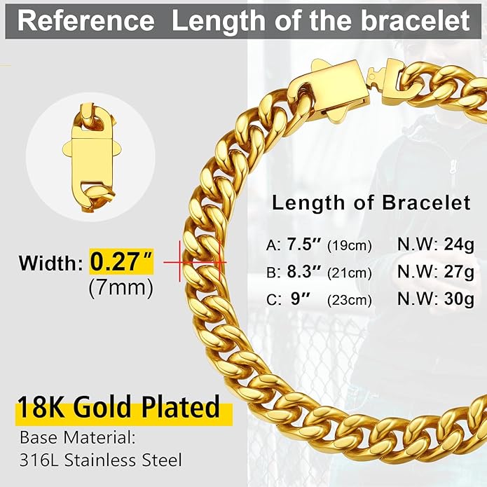 Stainless Steel Bracelets for Men,Cuban Link Mens Bracelet Silver/Black/Gold Plated Classic Chain Wrist Bracelets Jewelry Gifts for Dad Husband 5/7/9/12MM Width,7.5"/8.3"/9" Length with Gift Box