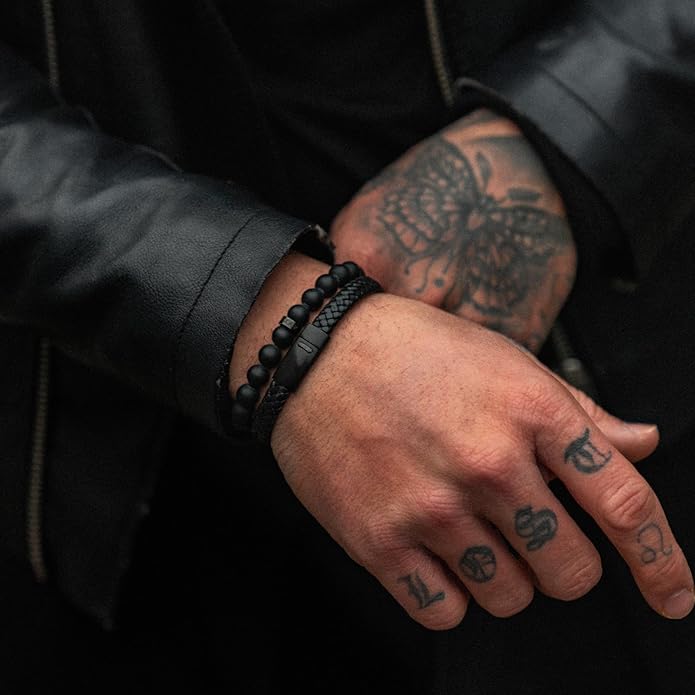 LUXAR Men’s Genuine Leather Bracelet | Interwoven Black Leather Bracelets with Brush Stainless Steel Clasp | Minimalist, Designer Jewelry for Men