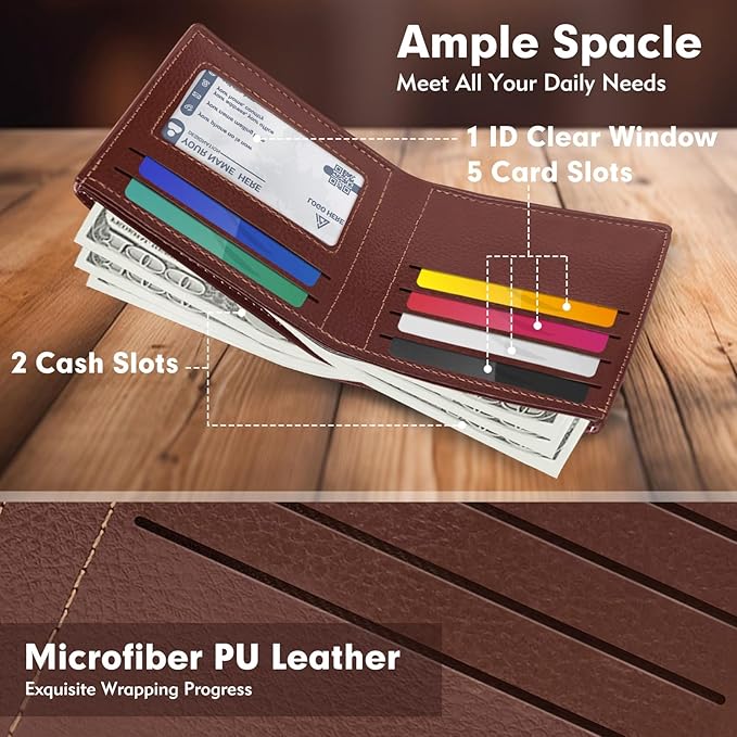 luseyfj Mens Slim Bifold Wallet with ID Clear Window & 6 Credit Card Slots, Minimalist Handmade Bifold Wallets for Men, Thin Card Credit Holder Wallet for Men - Slim & Stylish (Cognac)