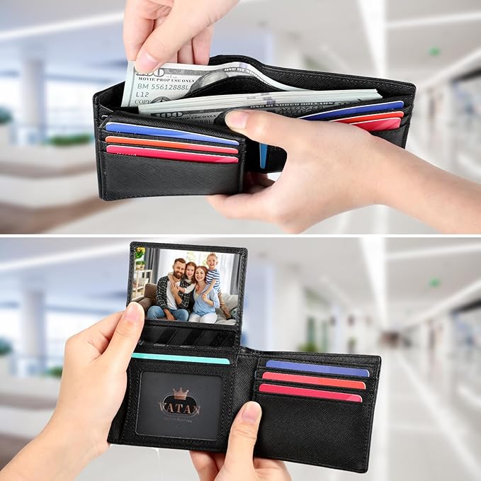 VATAN Wallet for Men, Mens Minimalist Wallet Credit Card Holder, Slim Leather Rfid 2 ID Window Large Capacity With Gift Box (Cross Grain Black)