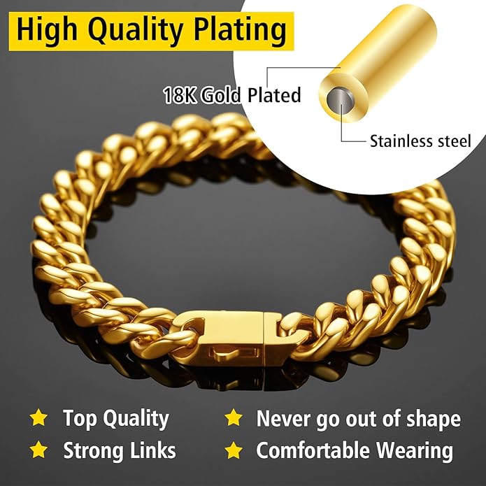 Stainless Steel Bracelets for Men,Cuban Link Mens Bracelet Silver/Black/Gold Plated Classic Chain Wrist Bracelets Jewelry Gifts for Dad Husband 5/7/9/12MM Width,7.5"/8.3"/9" Length with Gift Box