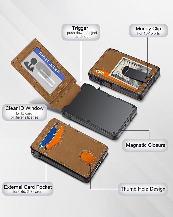 Wallet for Men, Mens Minimalist Wallet 9-13 Cards, Slim Compact Wallet with Money Clip & ID Window, RFID Blocking Smart Pop Up Card Wallet, Metal Aluminum Credit Card Holder Bifold Wallet