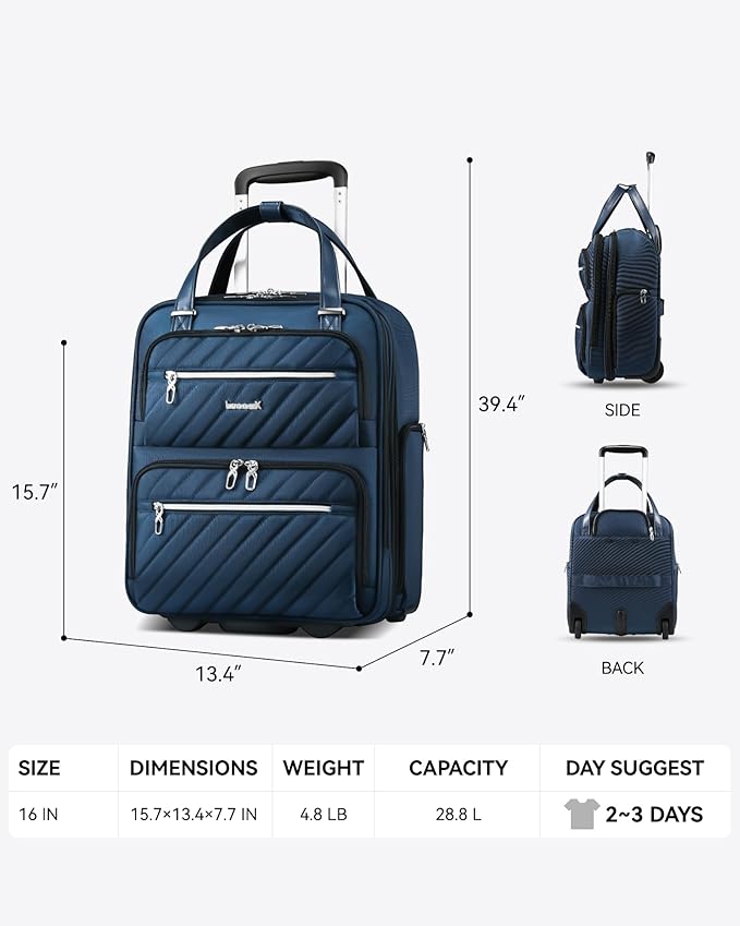 LUGGEX Underseat Carry On Luggage with Wheels, Stylish Lightweight Under Seat Luggage, Soft Sided Personal Item Suitcase for Short Trip (Navy Black, 16 Inch)