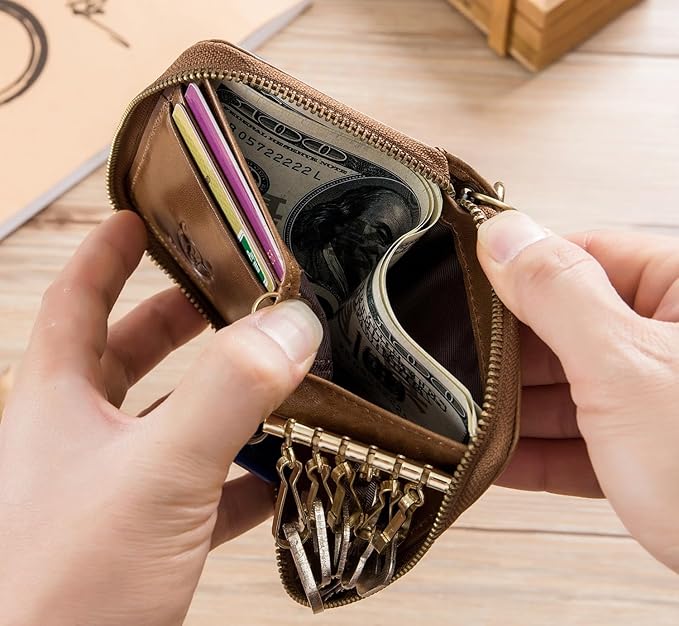 Men's Zipper Key Organizer Rfid Wallet with 6 Hooks Leather Key Holder Case (Yellow brown)