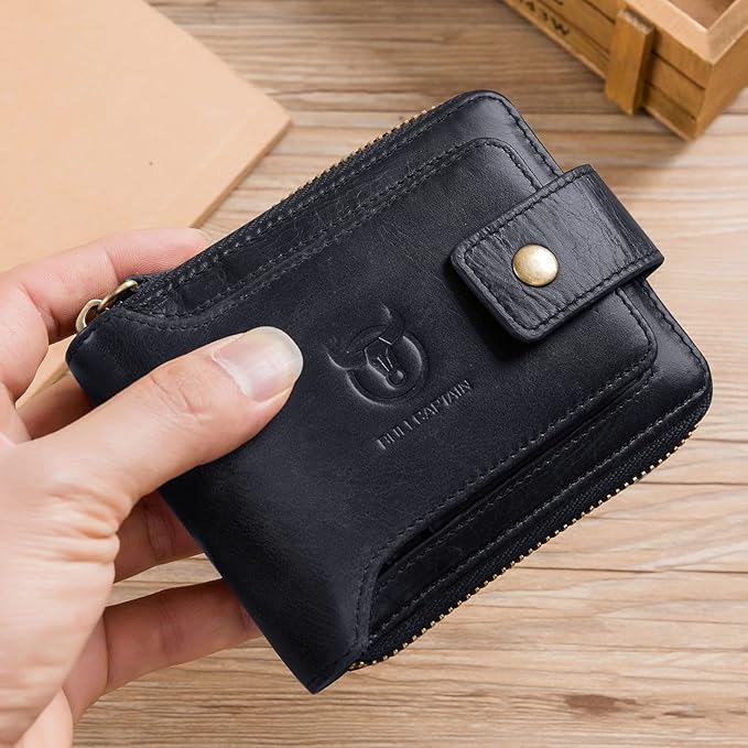 LUKZIJAES Genuine Leather Wallet for Men RFID Blocking Large Capacity Card Case with Zipper ID Window Coin Pocket (#2-Black)