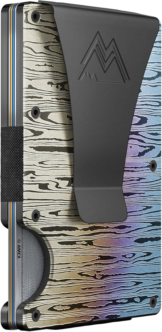 Mountain Voyage Co Minimalist Wallet for Men & Women - Slim RFID, Scratch Resistant, Credit Card Holder & Money Clip, Easily Removable Money & Cards, (Forged Damascus Alloy)