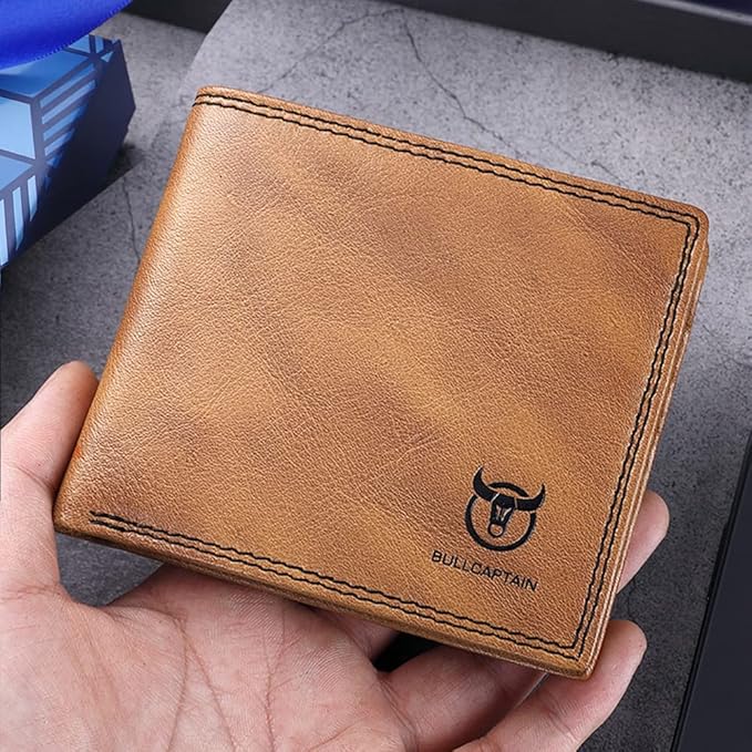 LUKZIJAES Genuine Leather Wallet for Men RFID Blocking Slim Bifold Front Pocket Wallets with 2 ID Window (#3-Yellow Brown)